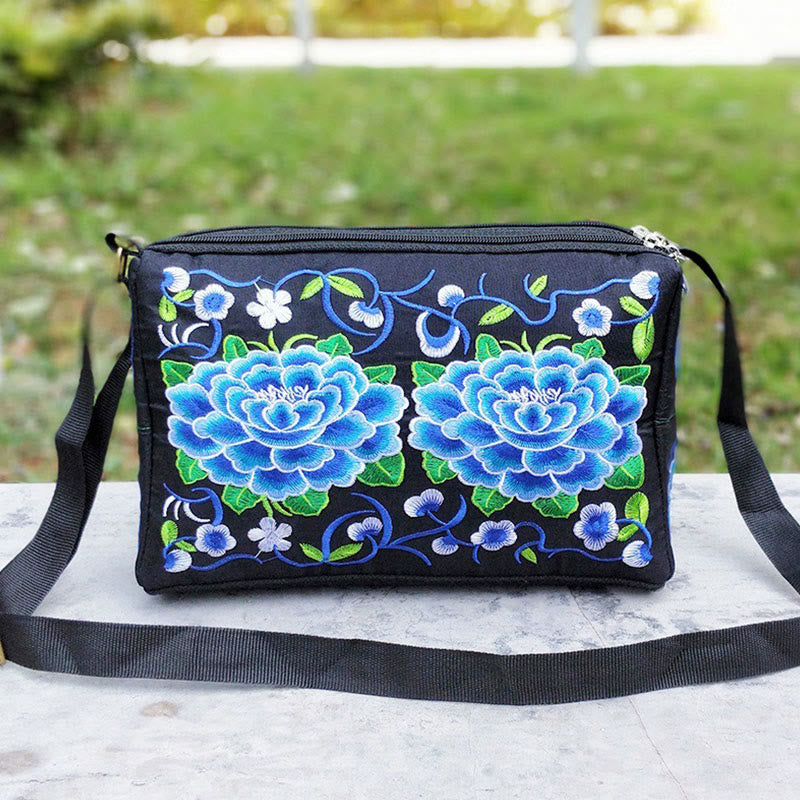 Nimara Ritual Galsang Inula Flower Peony Peacock Double-Sided Embroidery Canvas Shopping Purse Handbag Crossbody Bag