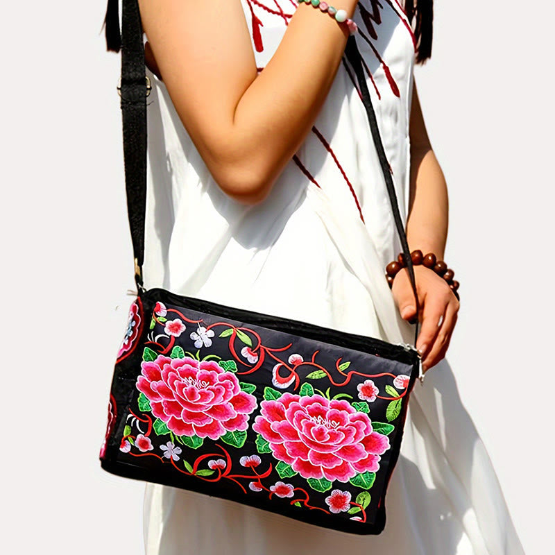 Nimara Ritual Galsang Inula Flower Peony Peacock Double-Sided Embroidery Canvas Shopping Purse Handbag Crossbody Bag