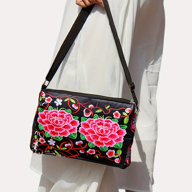 Nimara Ritual Galsang Inula Flower Peony Peacock Double-Sided Embroidery Canvas Shopping Purse Handbag Crossbody Bag