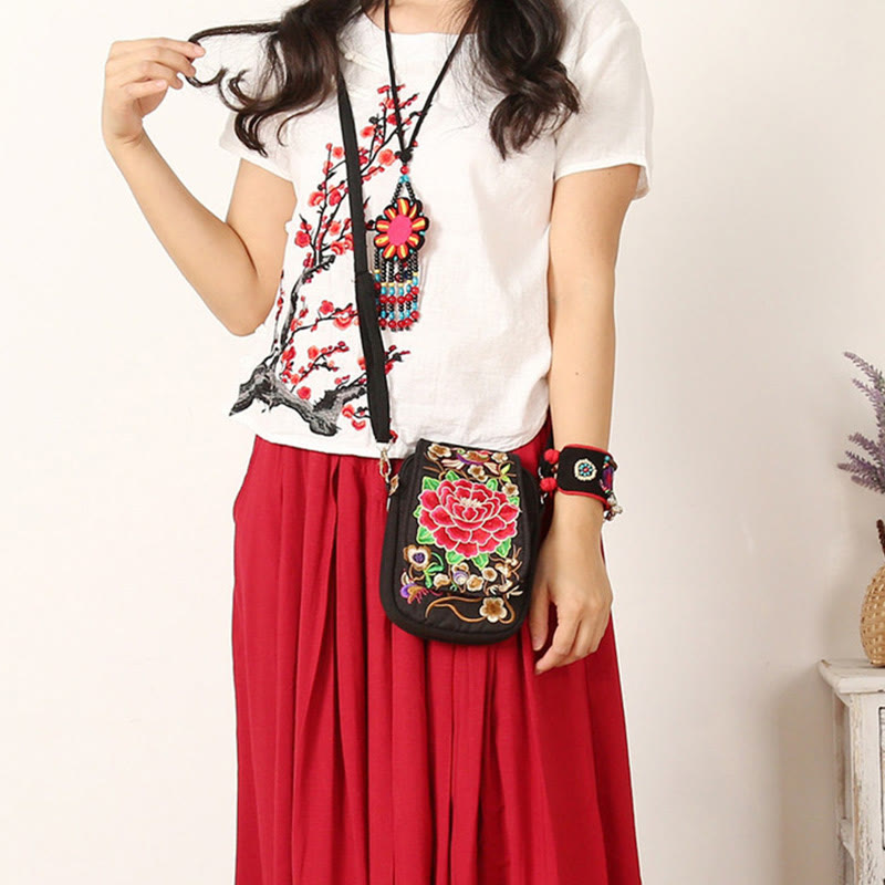 Nimara Ritual Inula Flower Peony Embroidery Canvas Shopping Purse Handbag Crossbody Bag