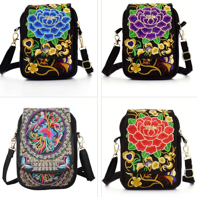 Nimara Ritual Inula Flower Peony Embroidery Canvas Shopping Purse Handbag Crossbody Bag