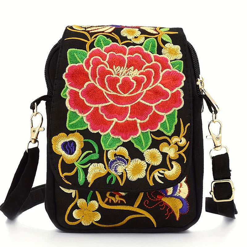 Nimara Ritual Inula Flower Peony Embroidery Canvas Shopping Purse Handbag Crossbody Bag