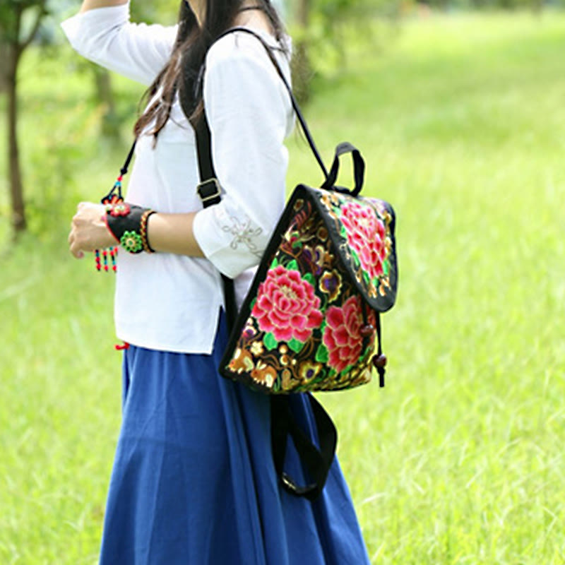 Nimara Ritual Peony Chinese Money Tree Embroidery Canvas Backpack
