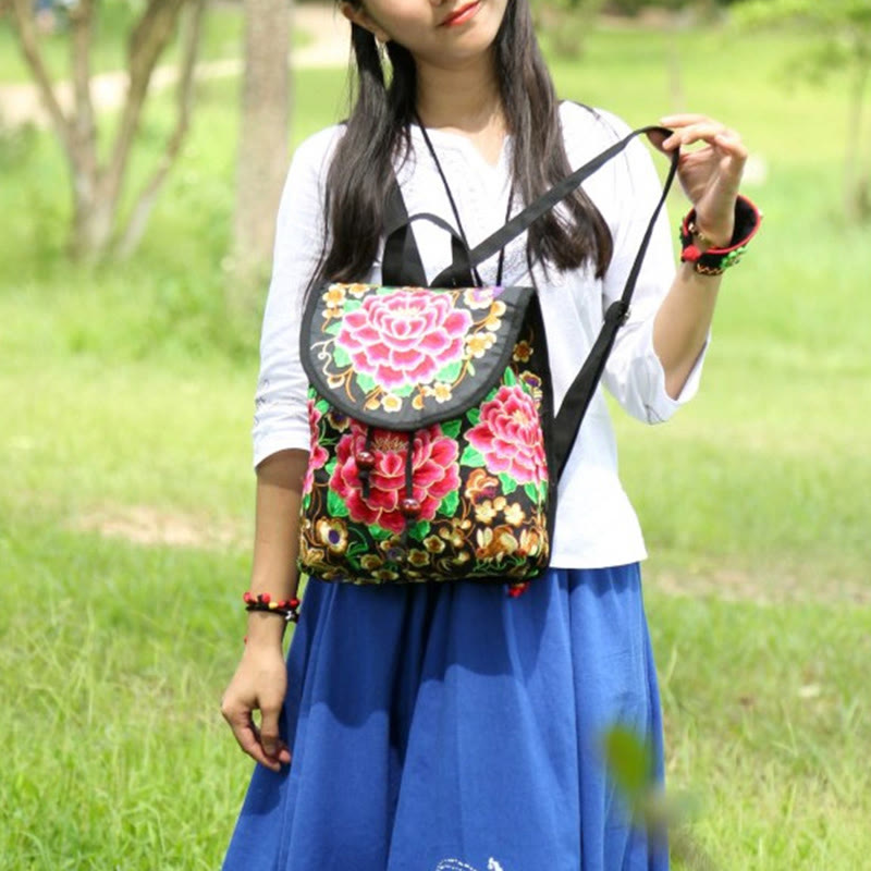 Nimara Ritual Peony Chinese Money Tree Embroidery Canvas Backpack