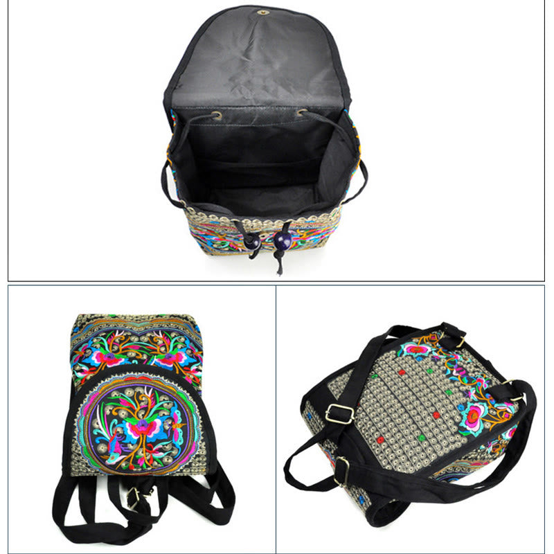 Nimara Ritual Peony Chinese Money Tree Embroidery Canvas Backpack