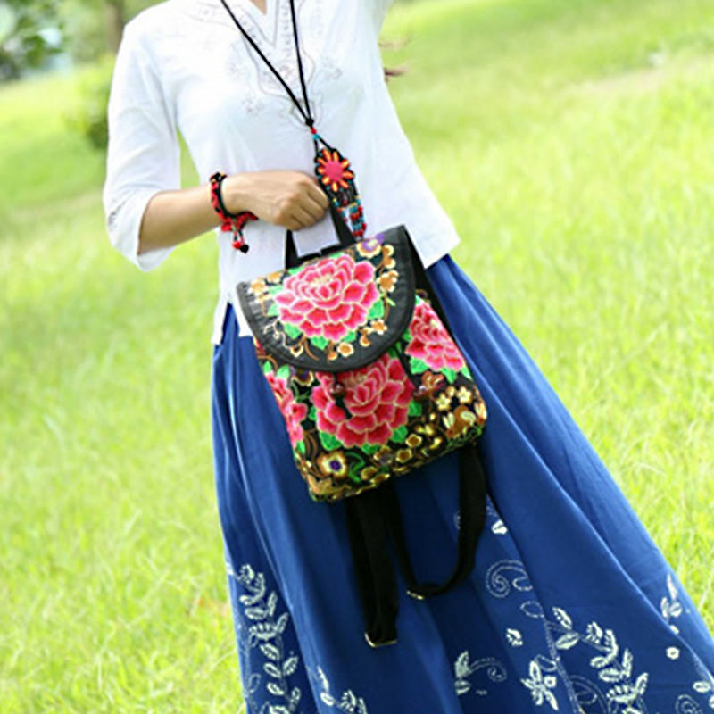 Nimara Ritual Peony Chinese Money Tree Embroidery Canvas Backpack