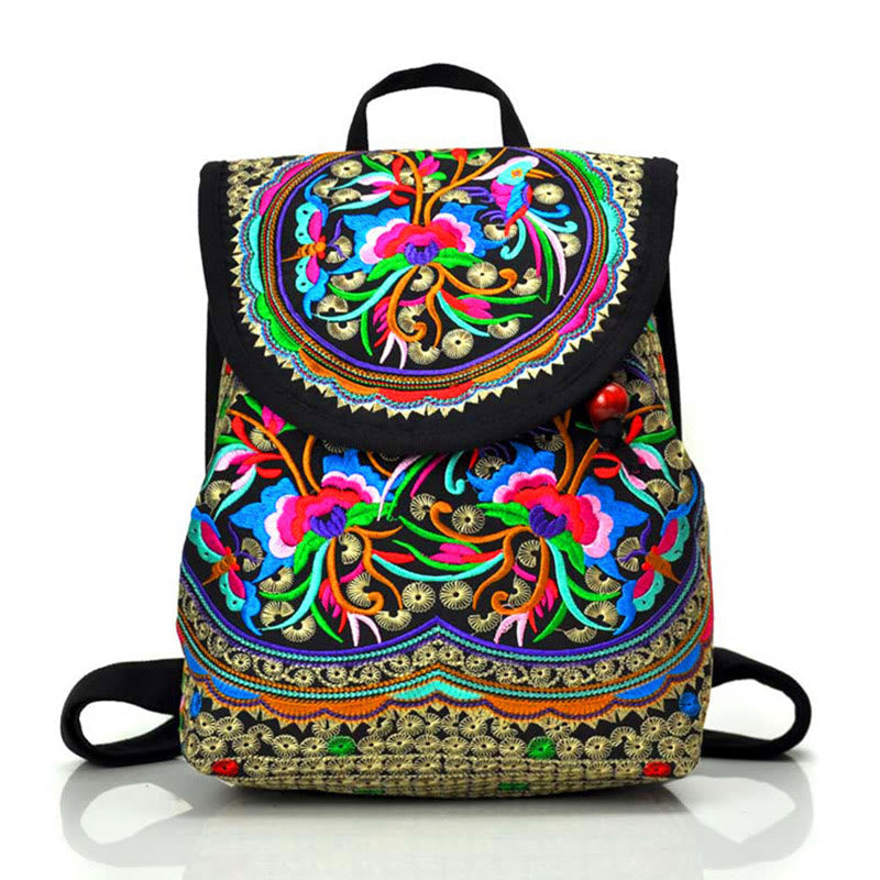 Nimara Ritual Peony Chinese Money Tree Embroidery Canvas Backpack