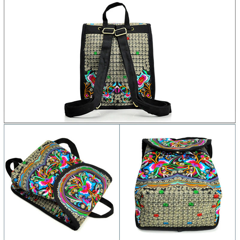 Nimara Ritual Peony Chinese Money Tree Embroidery Canvas Backpack