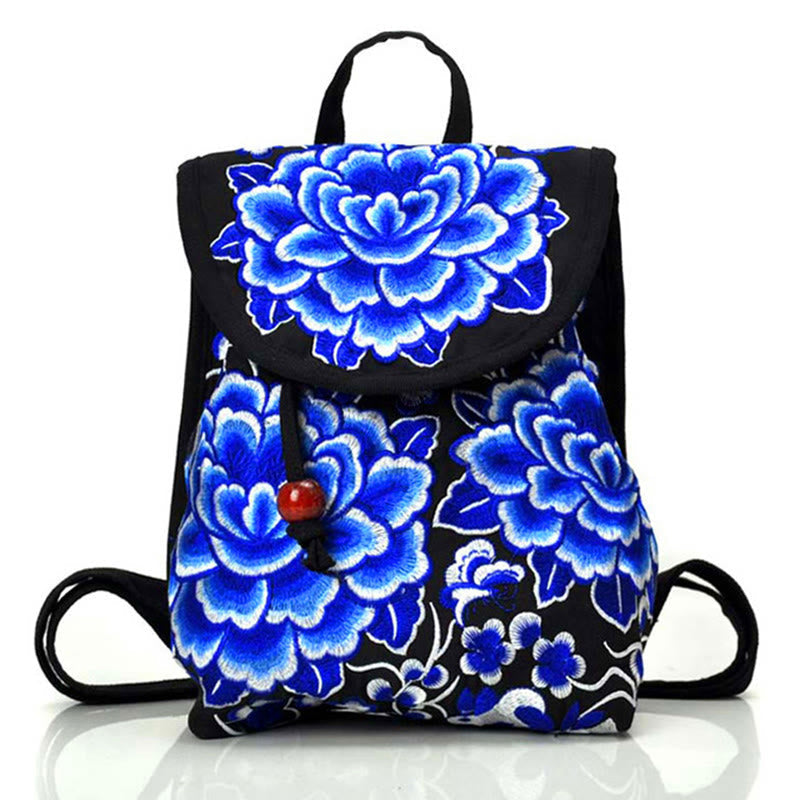 Nimara Ritual Peony Chinese Money Tree Embroidery Canvas Backpack