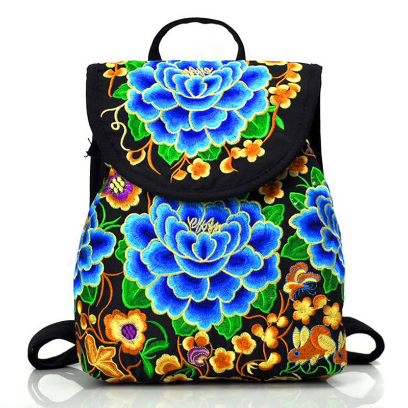 Nimara Ritual Peony Chinese Money Tree Embroidery Canvas Backpack