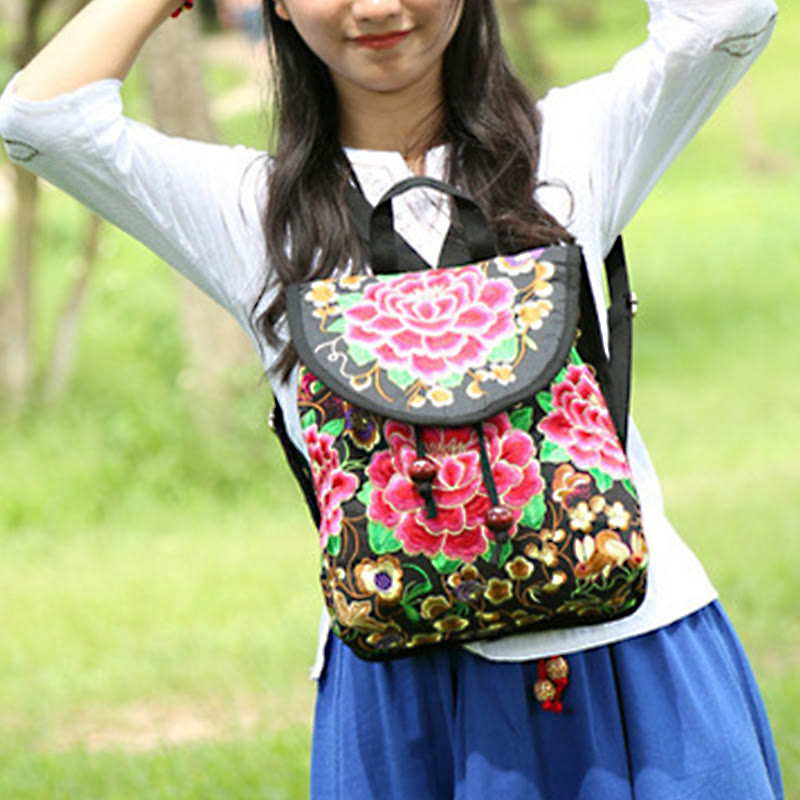Nimara Ritual Peony Chinese Money Tree Embroidery Canvas Backpack