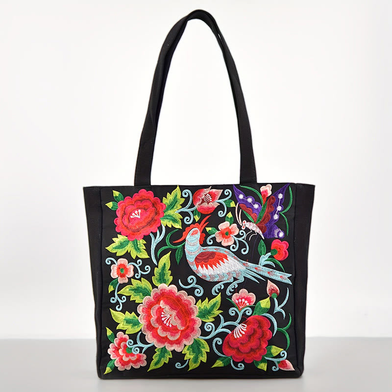 Nimara Ritual Galsang Magpie Peony Camellia Chrysanthemum Embroidery Canvas Shopping Purse Handbag Shoulder Bag