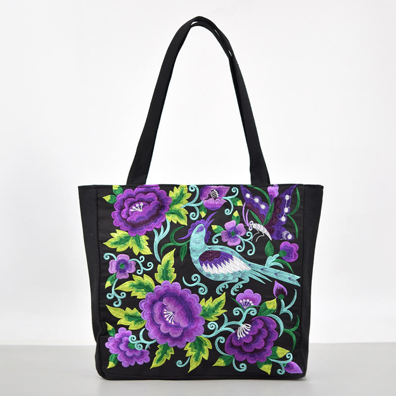 Nimara Ritual Galsang Magpie Peony Camellia Chrysanthemum Embroidery Canvas Shopping Purse Handbag Shoulder Bag