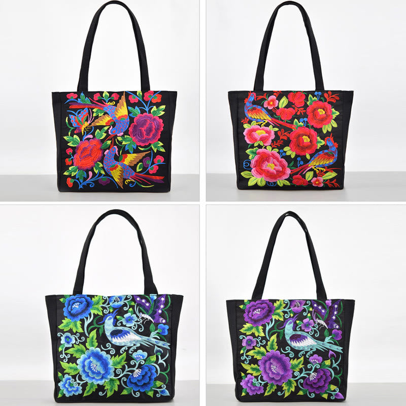 Nimara Ritual Galsang Magpie Peony Camellia Chrysanthemum Embroidery Canvas Shopping Purse Handbag Shoulder Bag
