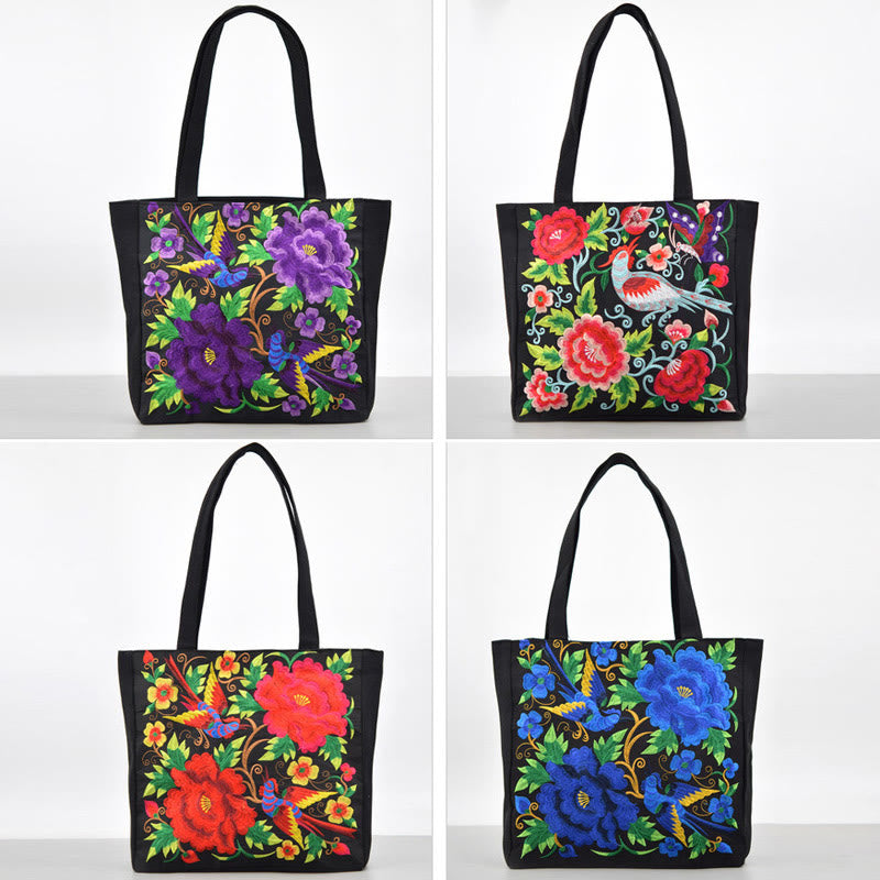 Nimara Ritual Galsang Magpie Peony Camellia Chrysanthemum Embroidery Canvas Shopping Purse Handbag Shoulder Bag