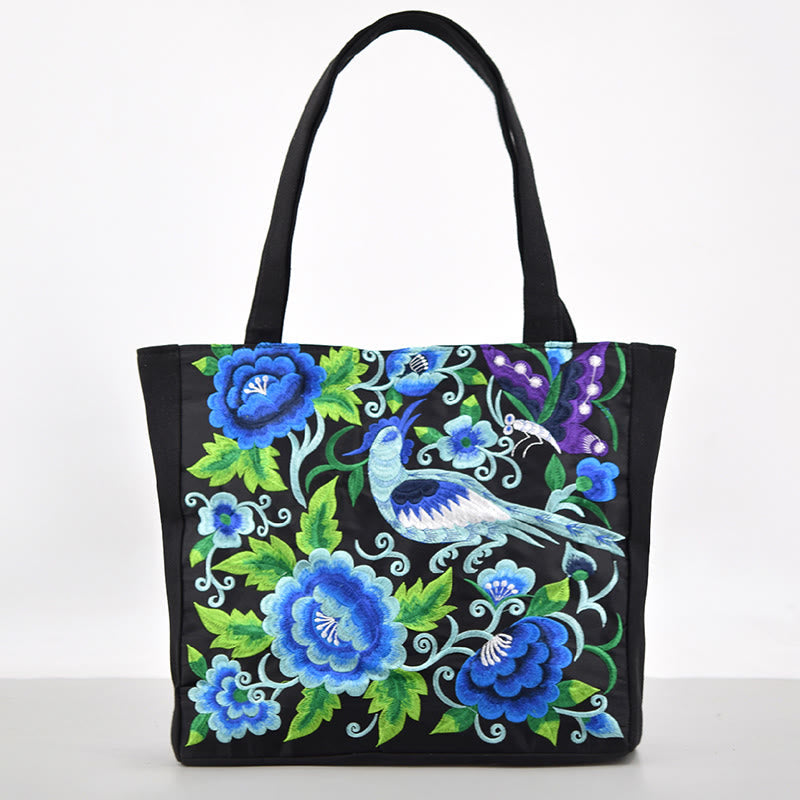 Nimara Ritual Galsang Magpie Peony Camellia Chrysanthemum Embroidery Canvas Shopping Purse Handbag Shoulder Bag