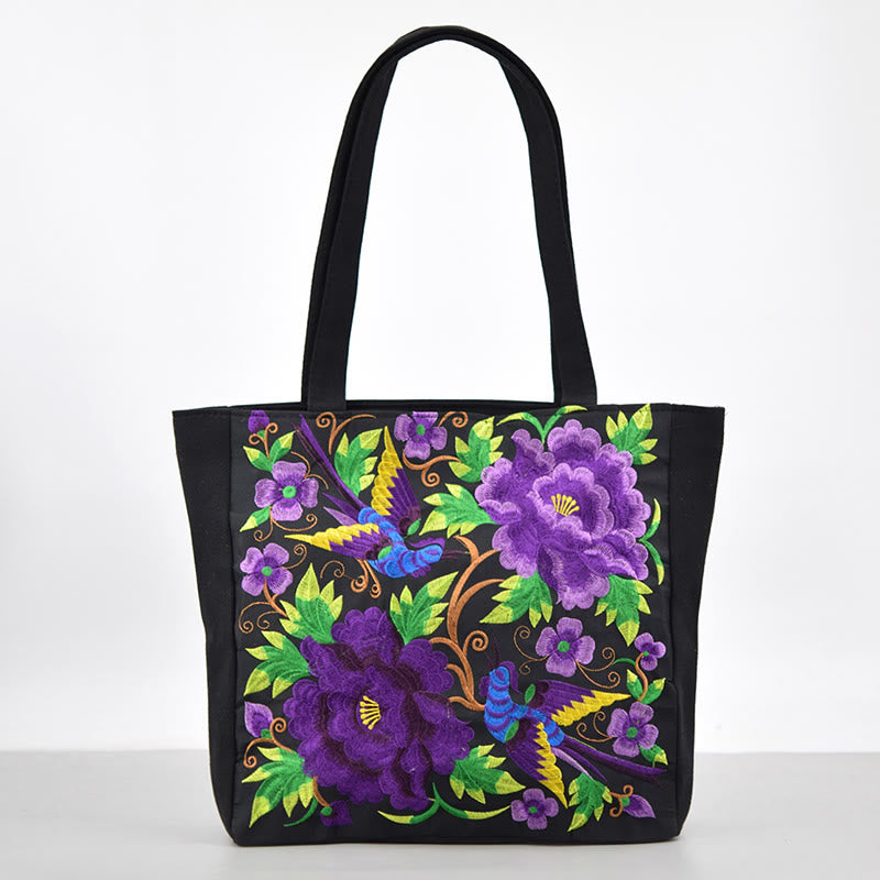 Nimara Ritual Galsang Magpie Peony Camellia Chrysanthemum Embroidery Canvas Shopping Purse Handbag Shoulder Bag