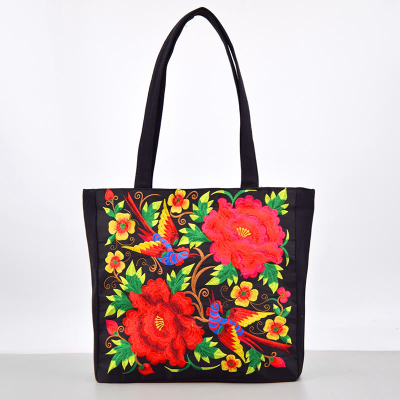 Nimara Ritual Galsang Magpie Peony Camellia Chrysanthemum Embroidery Canvas Shopping Purse Handbag Shoulder Bag