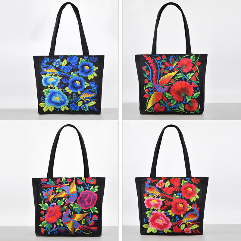 Nimara Ritual Galsang Magpie Peony Camellia Chrysanthemum Embroidery Canvas Shopping Purse Handbag Shoulder Bag