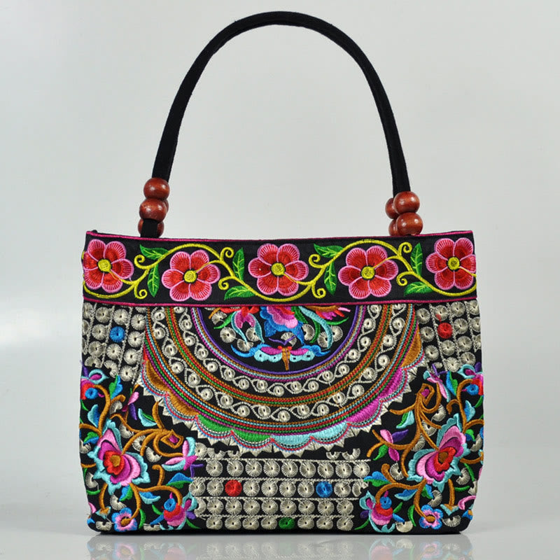 Nimara Ritual Money Tree Peony Phoenix Apple Blossom Double-Sided Embroidery Cotton Canvas Shopping Purse Handbag