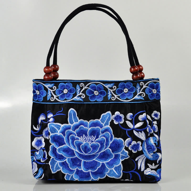 Nimara Ritual Money Tree Peony Phoenix Apple Blossom Double-Sided Embroidery Cotton Canvas Shopping Purse Handbag