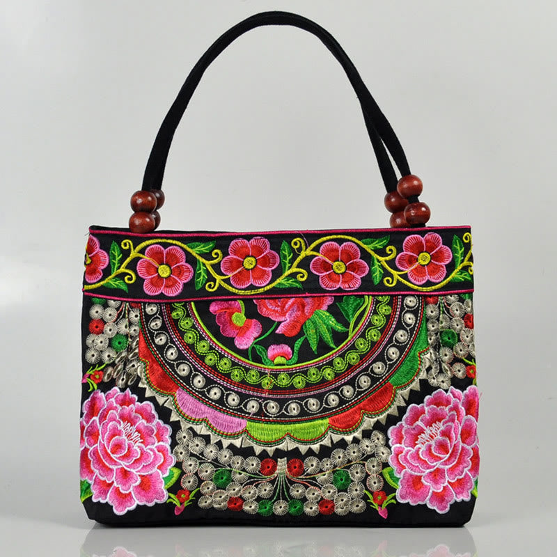 Nimara Ritual Money Tree Peony Phoenix Apple Blossom Double-Sided Embroidery Cotton Canvas Shopping Purse Handbag
