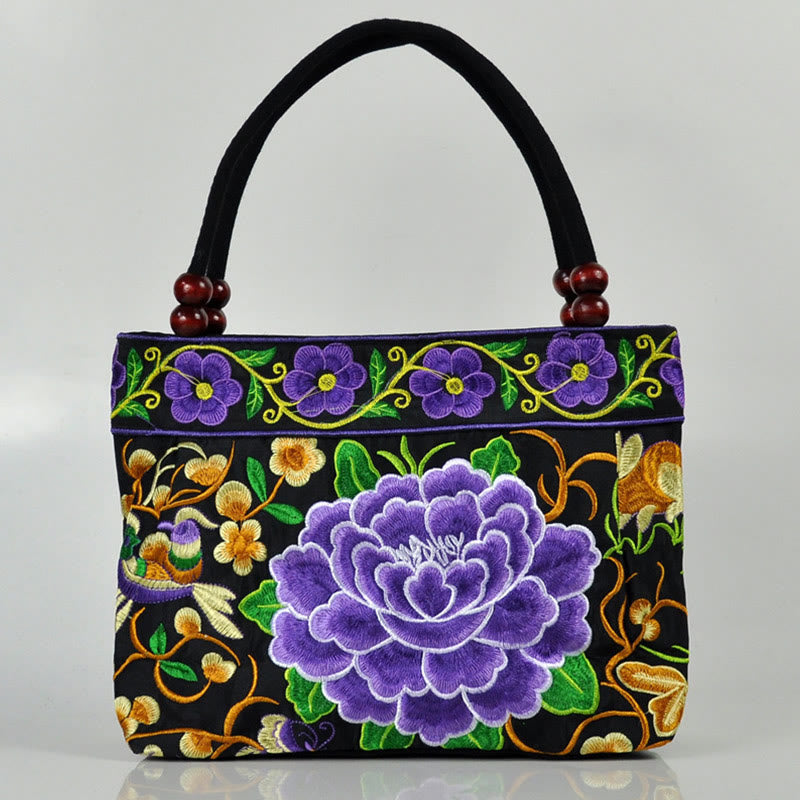 Nimara Ritual Money Tree Peony Phoenix Apple Blossom Double-Sided Embroidery Cotton Canvas Shopping Purse Handbag