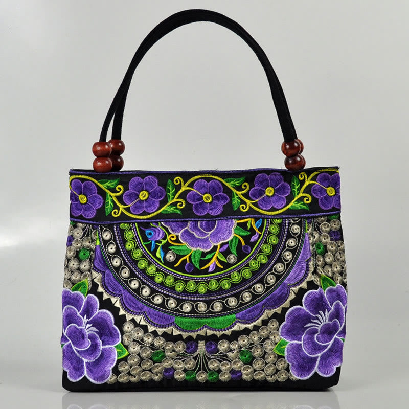 Nimara Ritual Money Tree Peony Phoenix Apple Blossom Double-Sided Embroidery Cotton Canvas Shopping Purse Handbag