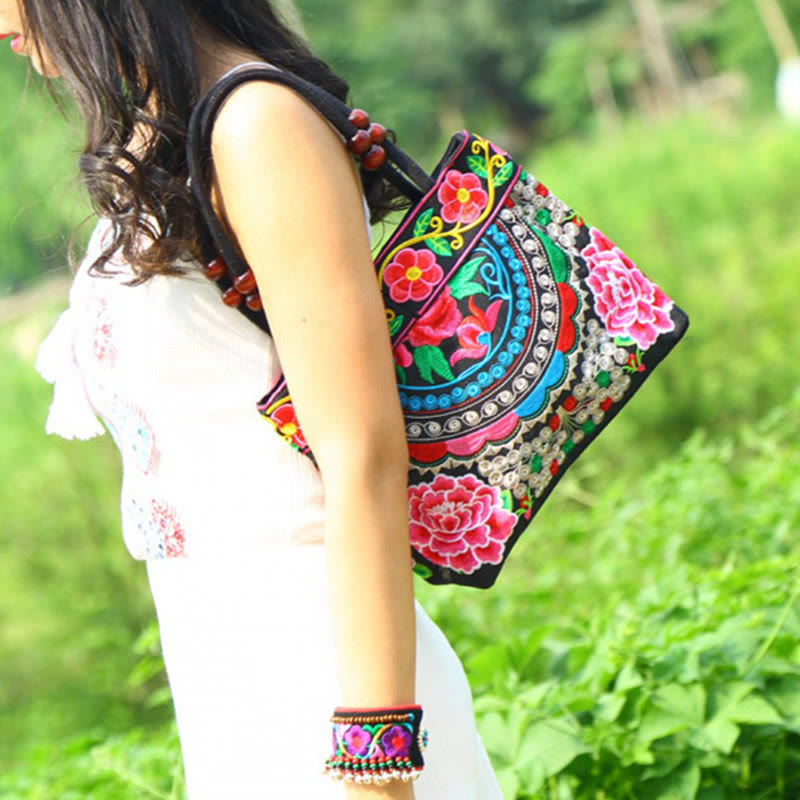 Nimara Ritual Money Tree Peony Phoenix Apple Blossom Double-Sided Embroidery Cotton Canvas Shopping Purse Handbag