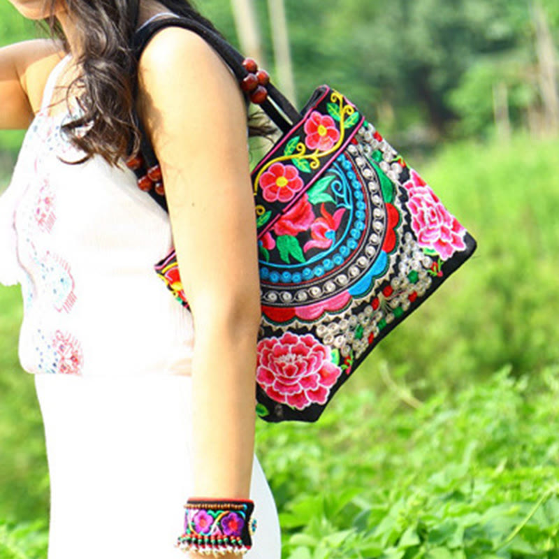 Nimara Ritual Money Tree Peony Phoenix Apple Blossom Double-Sided Embroidery Cotton Canvas Shopping Purse Handbag