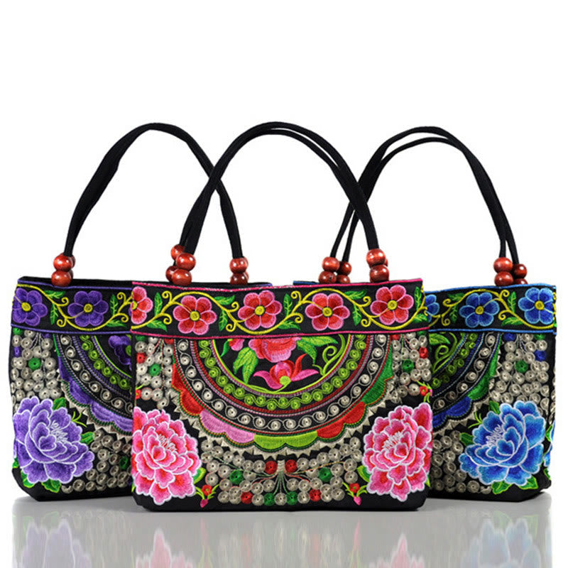 Nimara Ritual Money Tree Peony Phoenix Apple Blossom Double-Sided Embroidery Cotton Canvas Shopping Purse Handbag