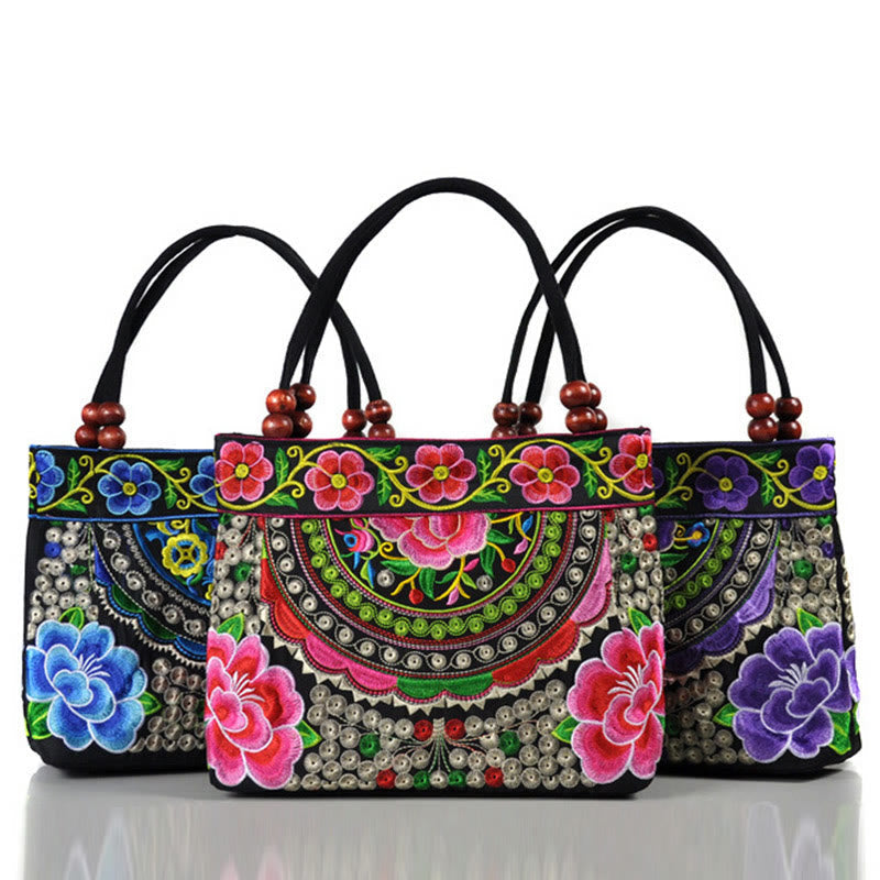 Nimara Ritual Money Tree Peony Phoenix Apple Blossom Double-Sided Embroidery Cotton Canvas Shopping Purse Handbag