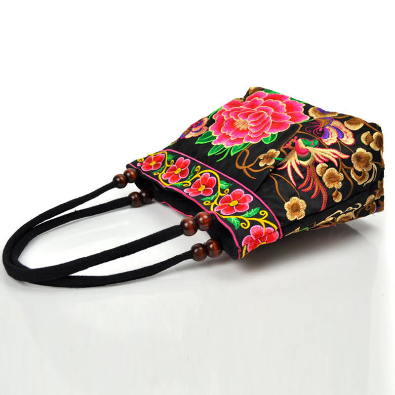 Nimara Ritual Money Tree Peony Phoenix Apple Blossom Double-Sided Embroidery Cotton Canvas Shopping Purse Handbag