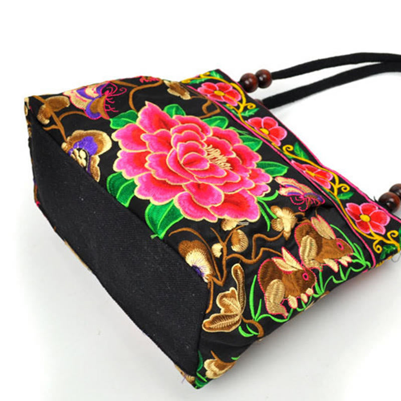 Nimara Ritual Money Tree Peony Phoenix Apple Blossom Double-Sided Embroidery Cotton Canvas Shopping Purse Handbag