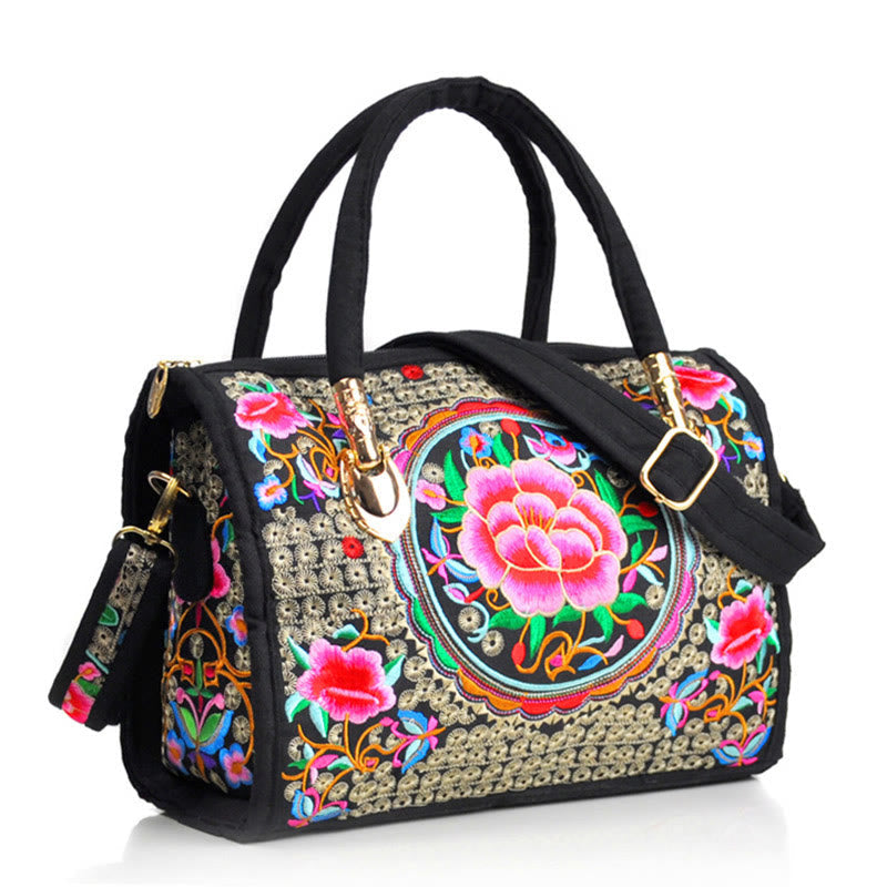 Nimara Ritual Money Tree Peony Camellia Double-Sided Embroidery Canvas Shopping Purse Handbag Crossbody Bag