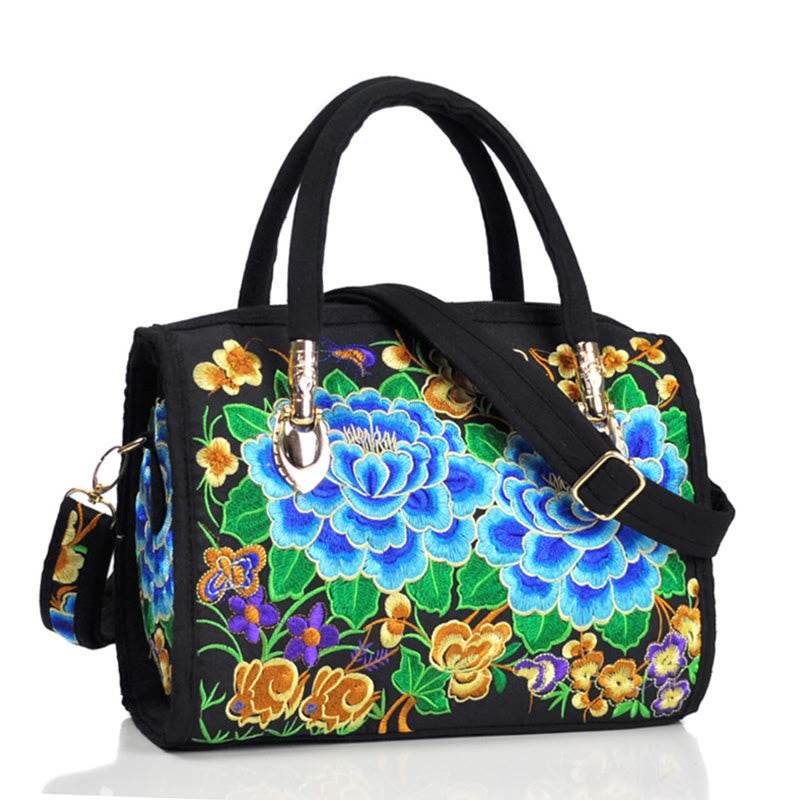 Nimara Ritual Money Tree Peony Camellia Double-Sided Embroidery Canvas Shopping Purse Handbag Crossbody Bag