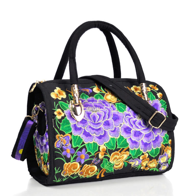 Nimara Ritual Money Tree Peony Camellia Double-Sided Embroidery Canvas Shopping Purse Handbag Crossbody Bag