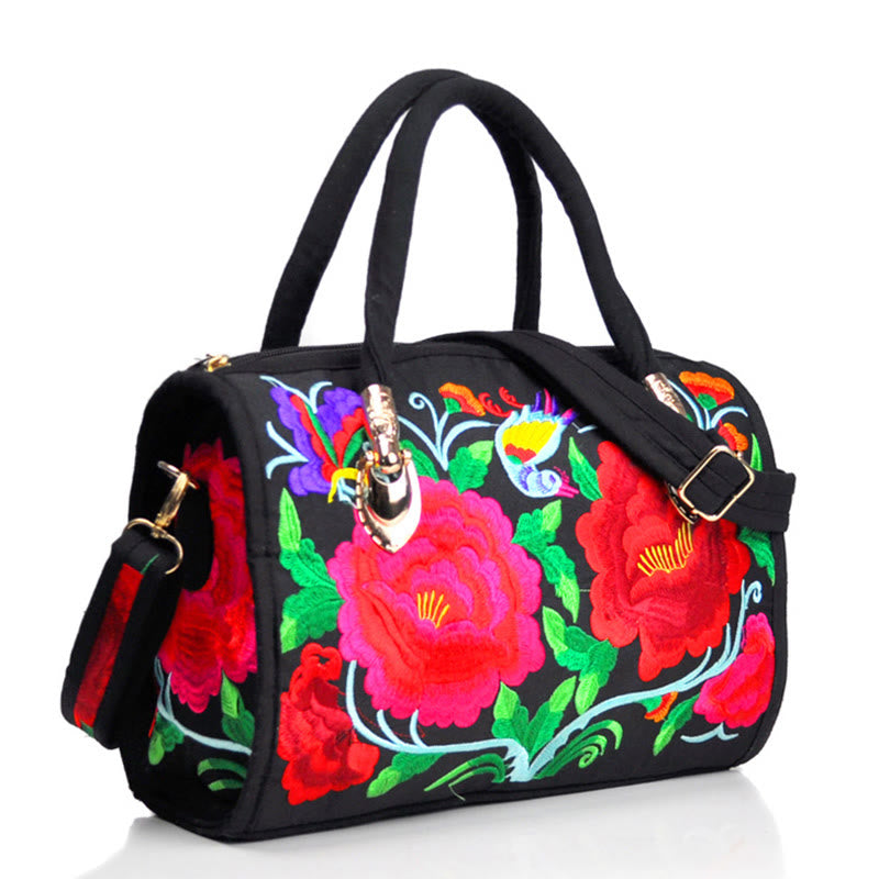 Nimara Ritual Money Tree Peony Camellia Double-Sided Embroidery Canvas Shopping Purse Handbag Crossbody Bag