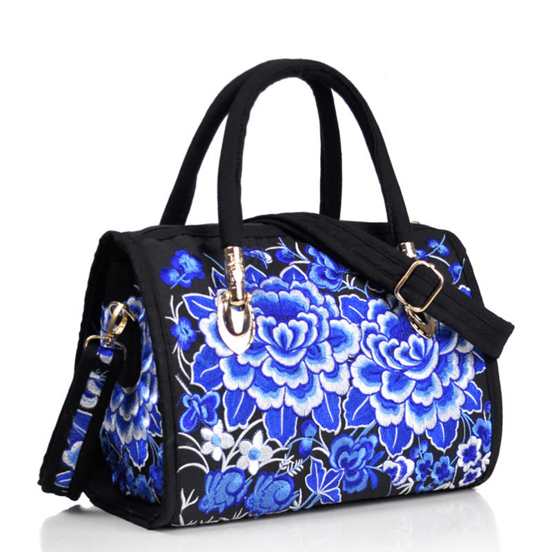 Nimara Ritual Money Tree Peony Camellia Double-Sided Embroidery Canvas Shopping Purse Handbag Crossbody Bag