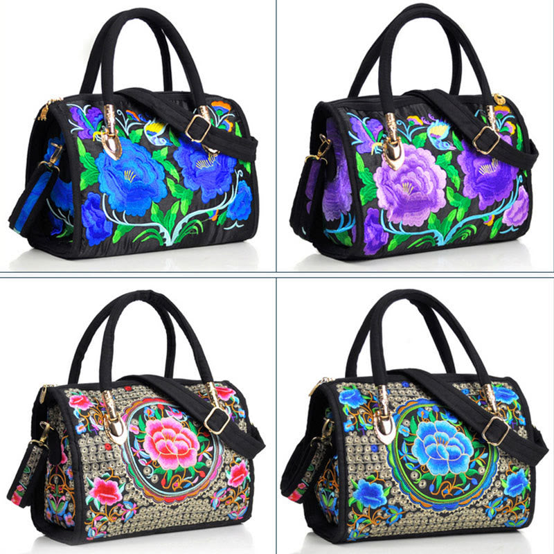 Nimara Ritual Money Tree Peony Camellia Double-Sided Embroidery Canvas Shopping Purse Handbag Crossbody Bag