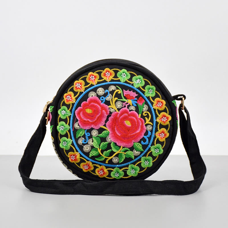 Nimara Ritual Money Tree Galsang Inula Flower Peony Rose Peacock Double-Sided Embroidery Canvas Shopping Purse Handbag Crossbody Bag