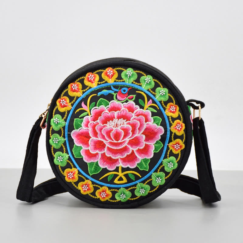 Nimara Ritual Money Tree Galsang Inula Flower Peony Rose Peacock Double-Sided Embroidery Canvas Shopping Purse Handbag Crossbody Bag