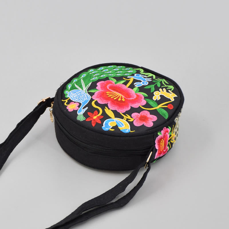 Nimara Ritual Money Tree Galsang Inula Flower Peony Rose Peacock Double-Sided Embroidery Canvas Shopping Purse Handbag Crossbody Bag