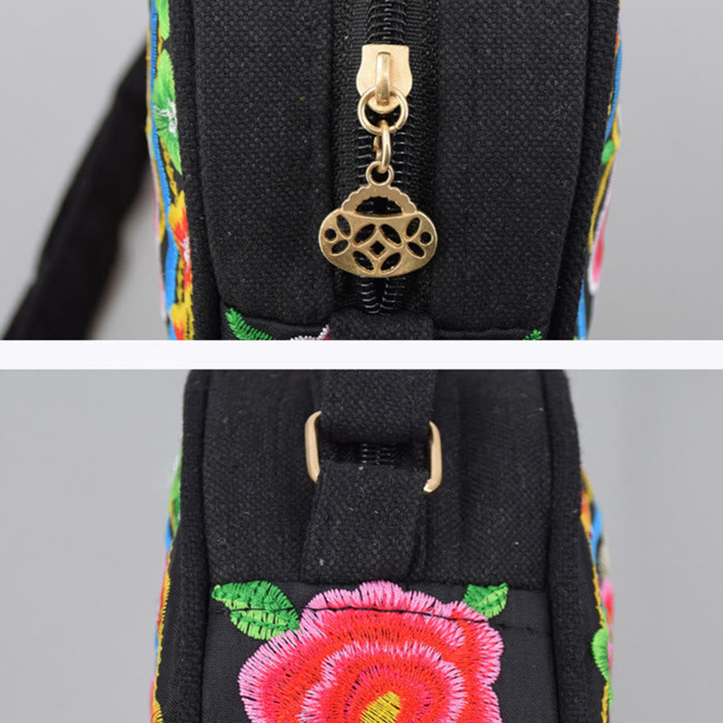 Nimara Ritual Money Tree Galsang Inula Flower Peony Rose Peacock Double-Sided Embroidery Canvas Shopping Purse Handbag Crossbody Bag