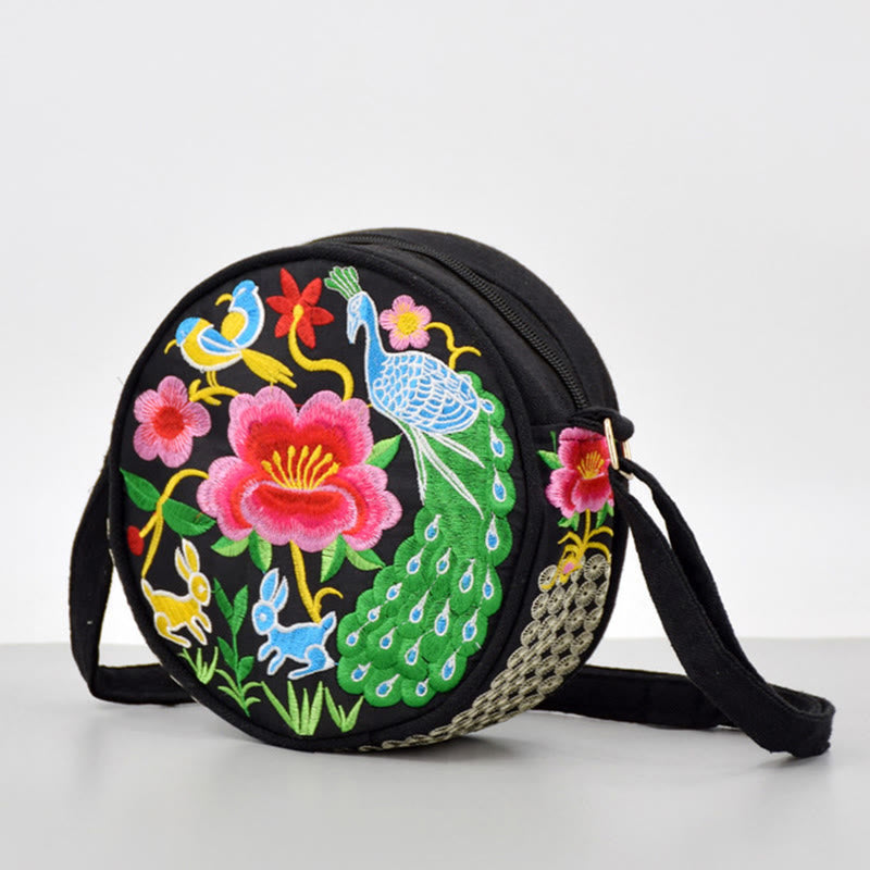 Nimara Ritual Money Tree Galsang Inula Flower Peony Rose Peacock Double-Sided Embroidery Canvas Shopping Purse Handbag Crossbody Bag