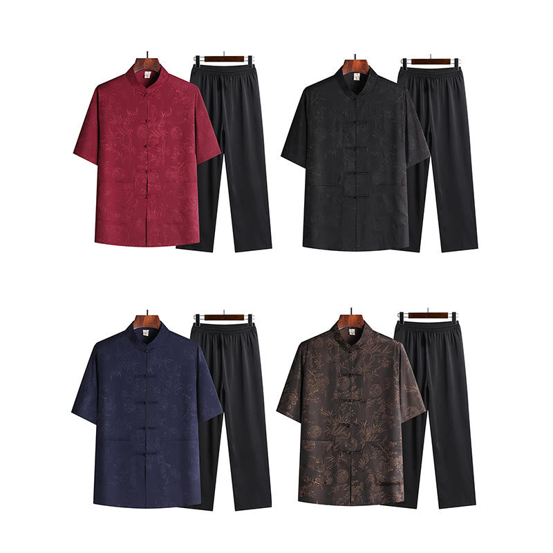 Nimara Ritual Bamboo Peach Blossom Tang Suit Hanfu Traditional Uniform Short Sleeve Top Pants Clothing Men's Set