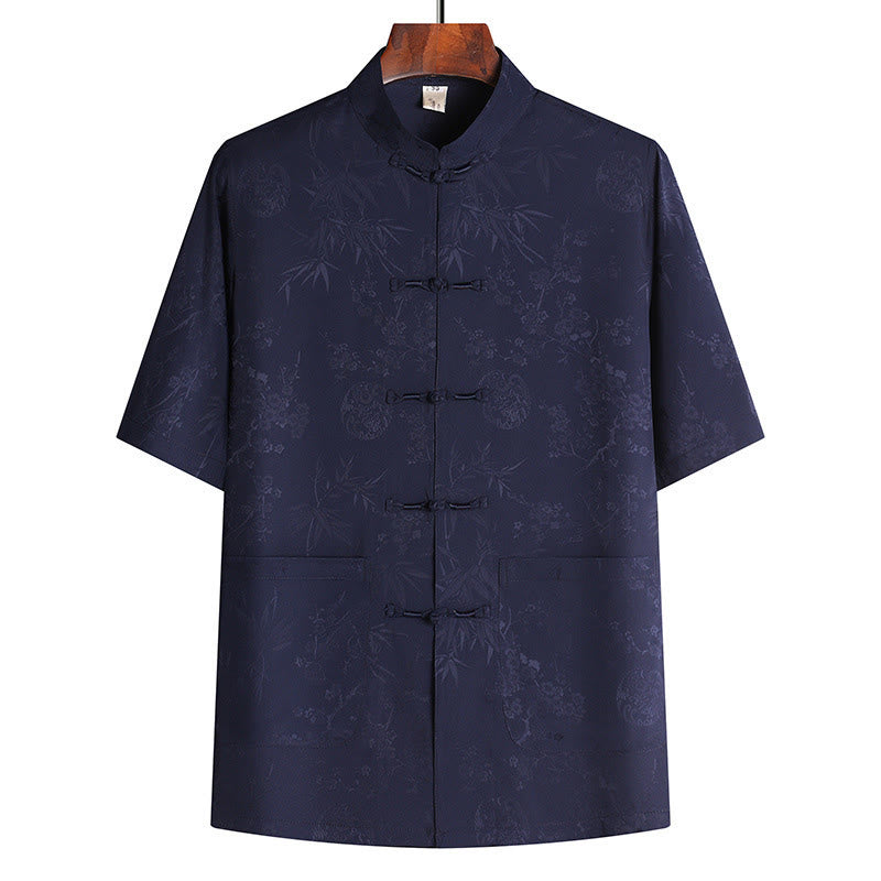 Nimara Ritual Bamboo Peach Blossom Tang Suit Hanfu Traditional Uniform Short Sleeve Top Pants Clothing Men's Set