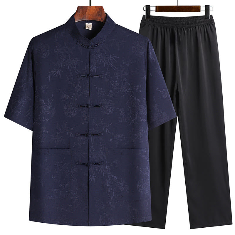 Nimara Ritual Bamboo Peach Blossom Tang Suit Hanfu Traditional Uniform Short Sleeve Top Pants Clothing Men's Set