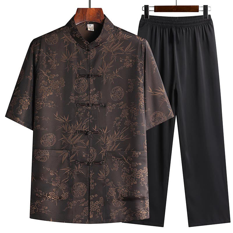 Nimara Ritual Bamboo Peach Blossom Tang Suit Hanfu Traditional Uniform Short Sleeve Top Pants Clothing Men's Set
