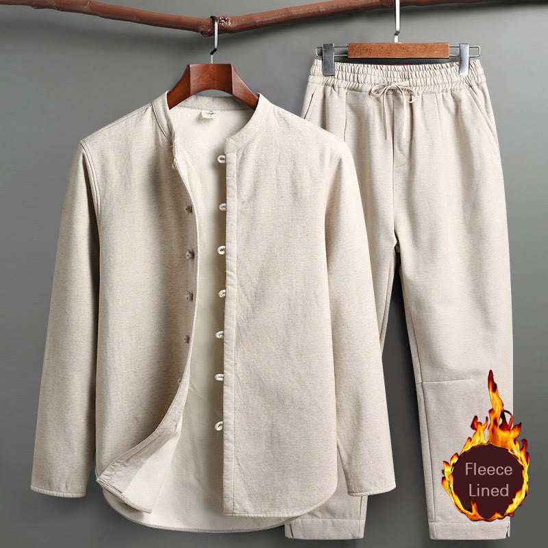 Nimara Ritual Solid Tang Suit Traditional Fleece Lined Uniform Long Sleeve Top Pants Men's Set